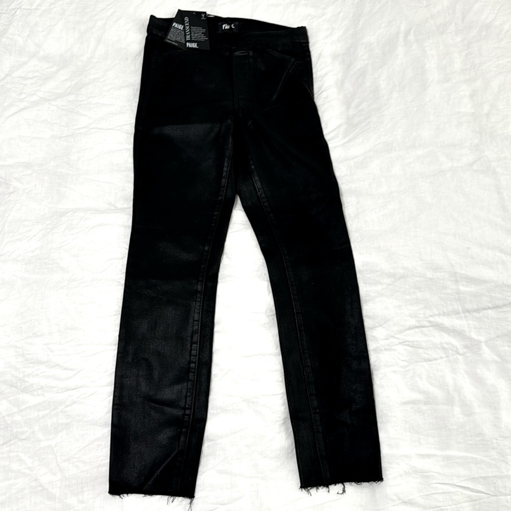 Size 25 Paige hoxton ultra skinny pull on black jeans, raw hem,  luxe coating